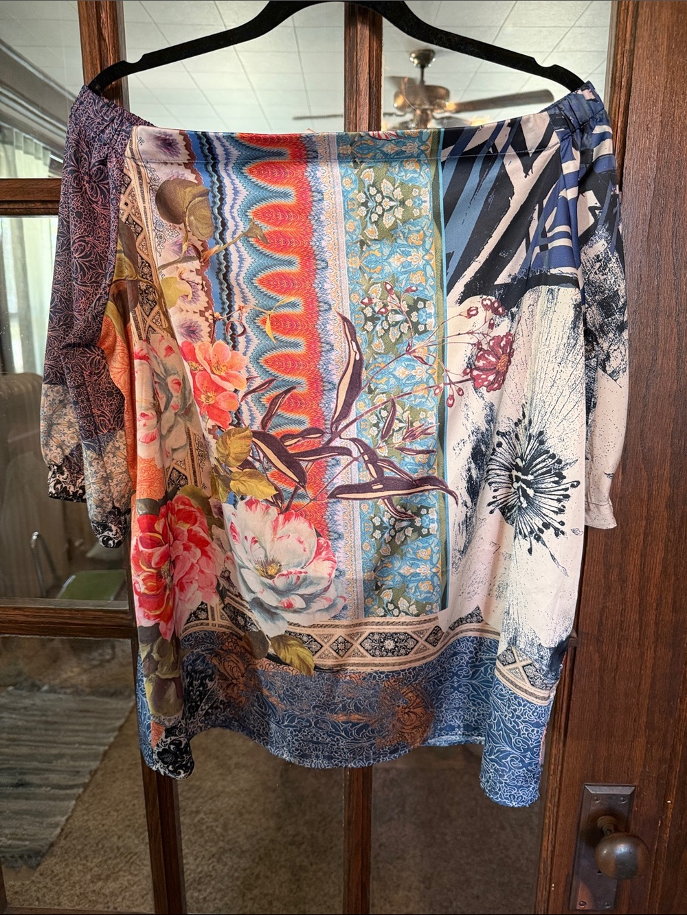 Chico's Multicolor Floral Patchwork Off-Shoulder Blouse